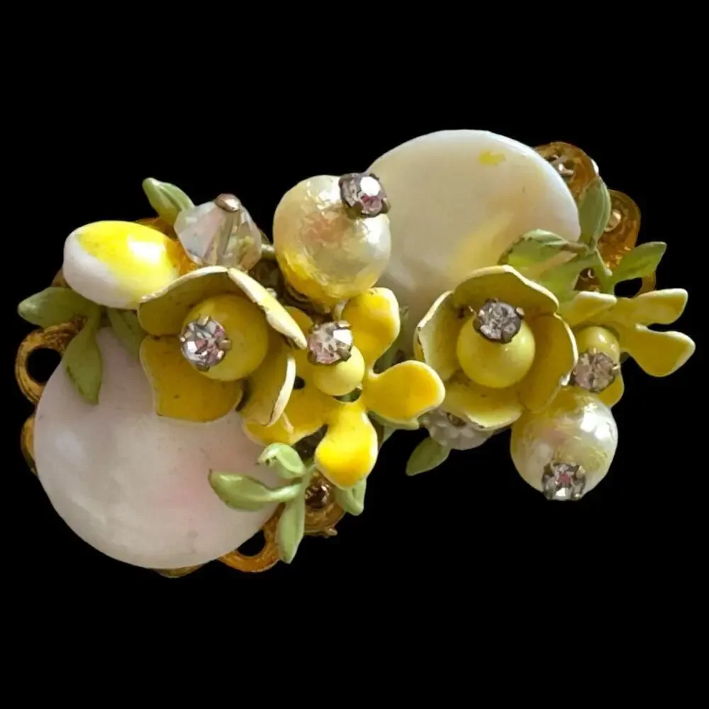Miriam Haskell Floral Enamel Rhinestone, Faux Pearl Clip-on Earrings VNTG 1940s